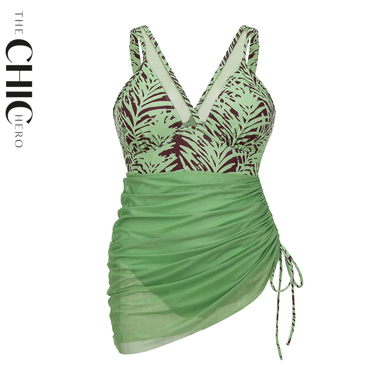 Plus Size Green Palm Print V-Neck One-Piece Swimsuit