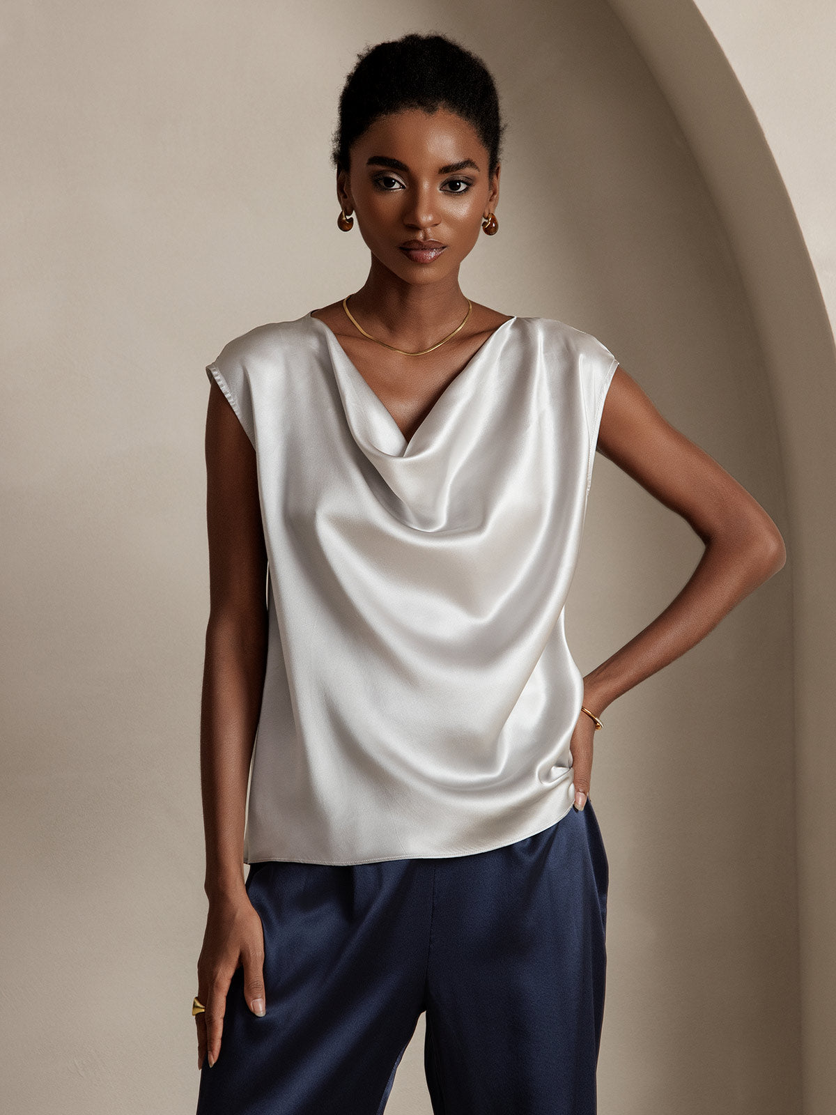 19Momme Silk Cap Sleeve Cowl Neck Tank Top/Blouse