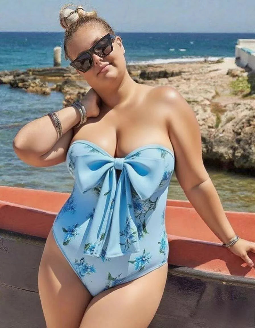 Chic Blue Romantic Floral Halter Neck One-Piece Swimsuit&Skirt