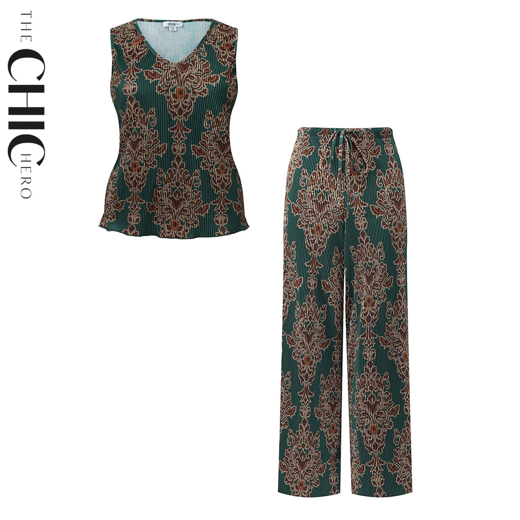 Dark Green Retro V-Neck Vest Top & Pleated Pants