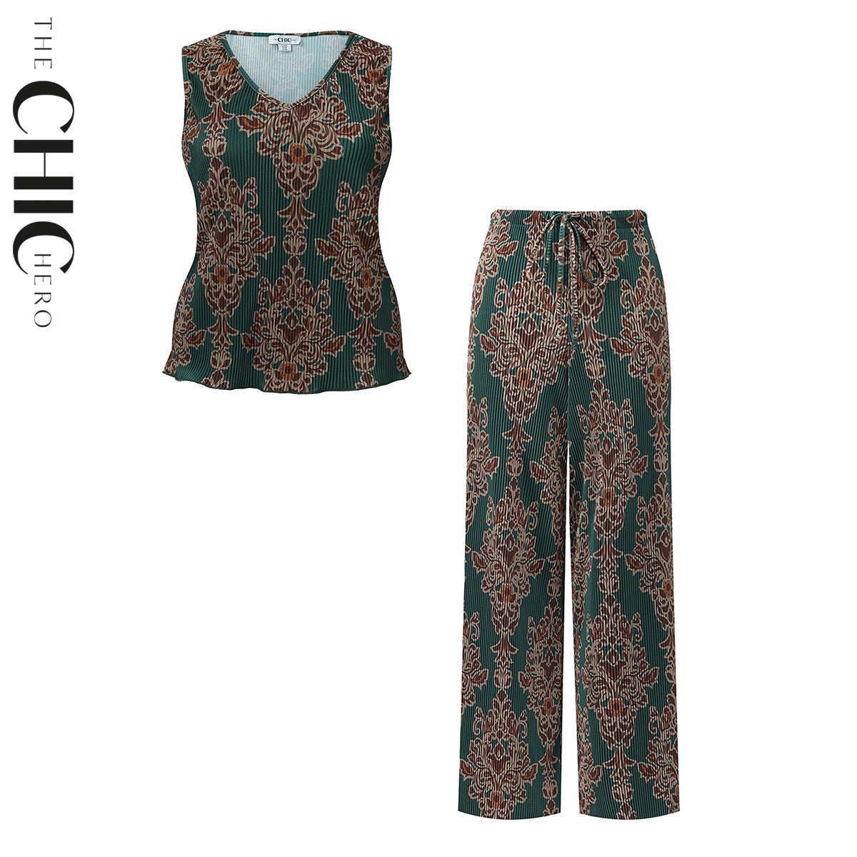 Dark Green Retro V-Neck Vest Top & Pleated Pants