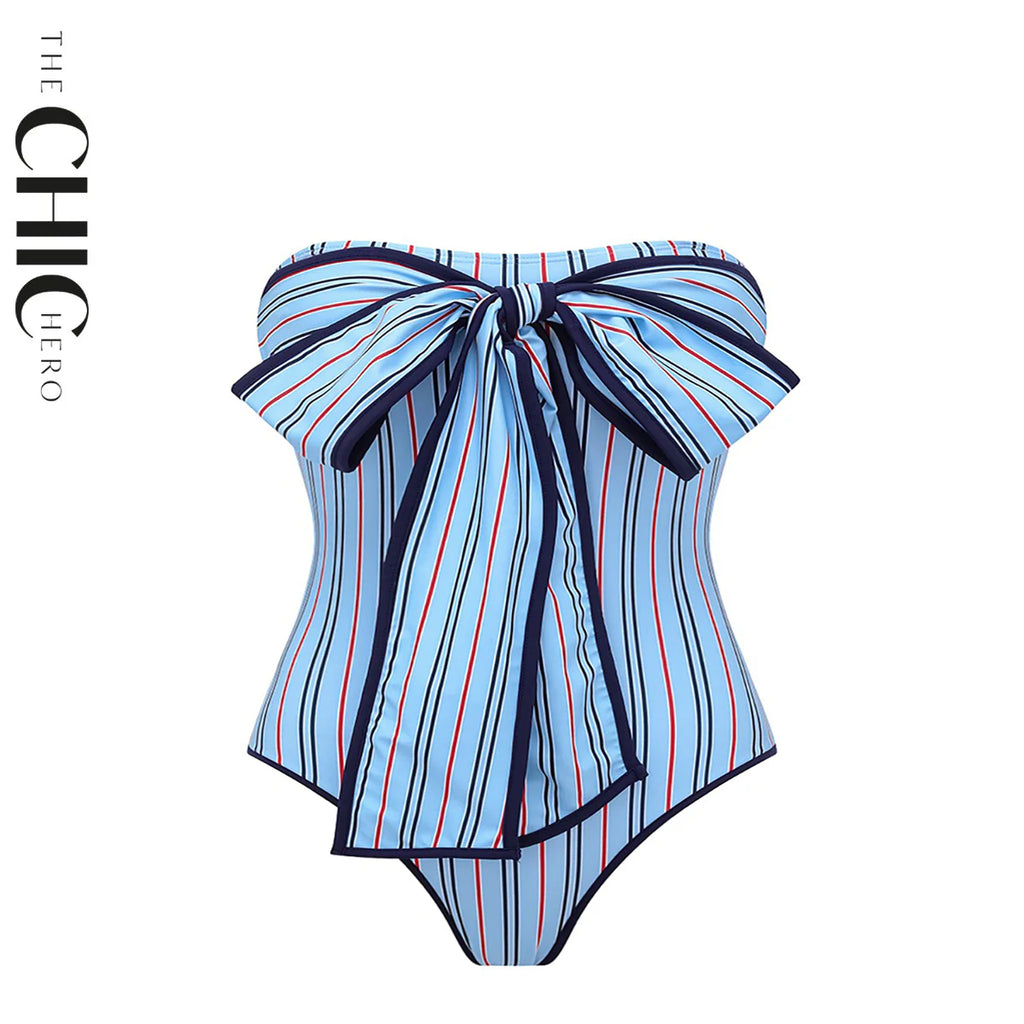 Nautical Inspired Striped Halter Neck One-Piece Swimsuit&Skirt