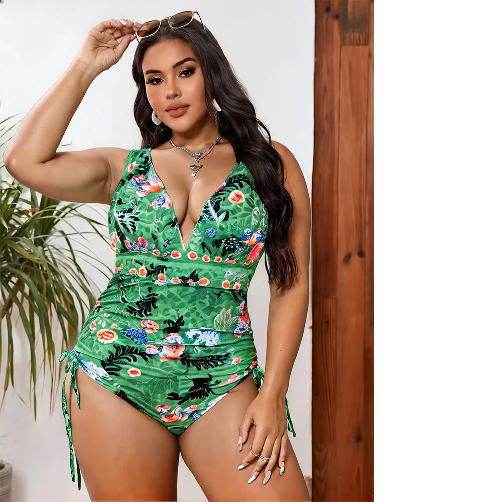 Green Tropical Florals One-Piece Swimsuit&Skirt