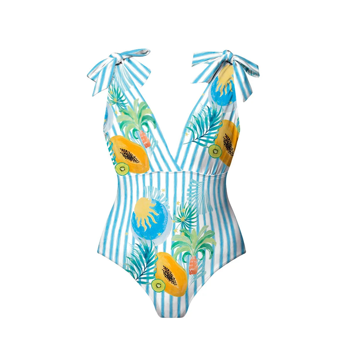 Striped Tropical Papaya Print Boho Island Style One-Piece Swimsuit&Skirts