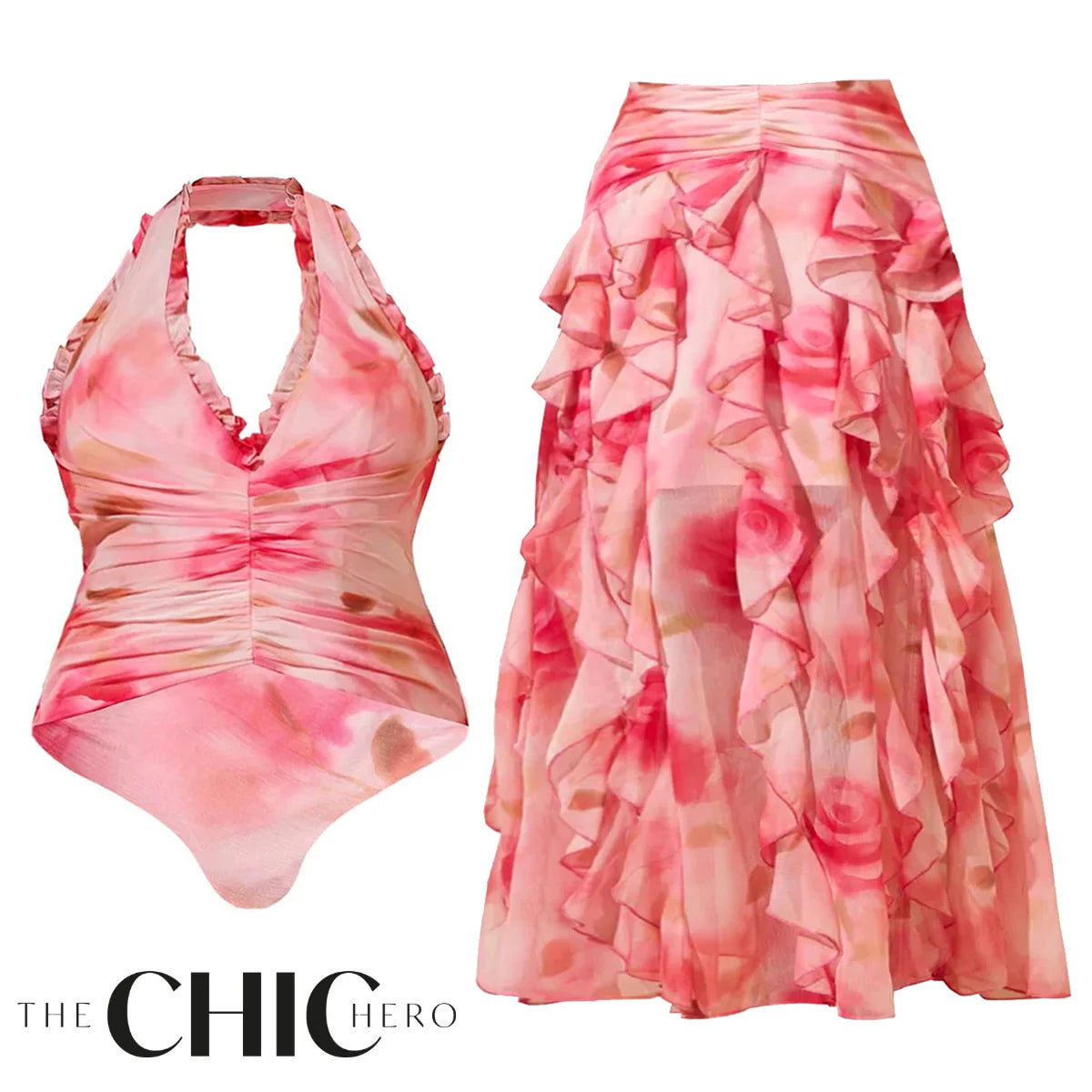 Romantic Pink Floral Halter Ruching One-Piece Swimsuit&Ruffled Skirt