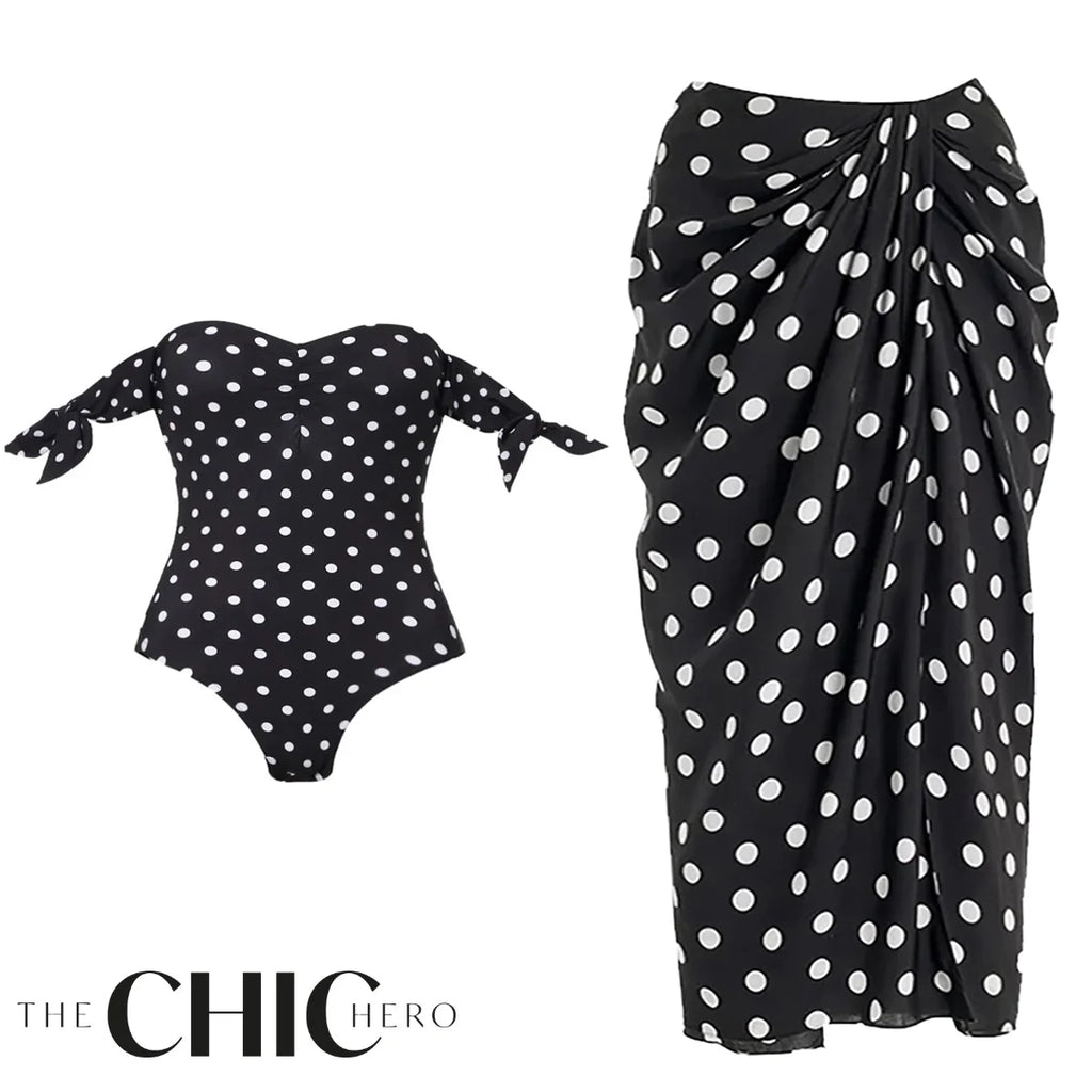 Black Polka Dot Off Shoulder One-Piece Swimsuit&Skirt