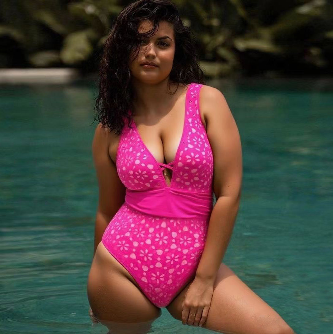 Rose Red Petal Print Hollow V Neck One-Piece Swimsuit&Skirt