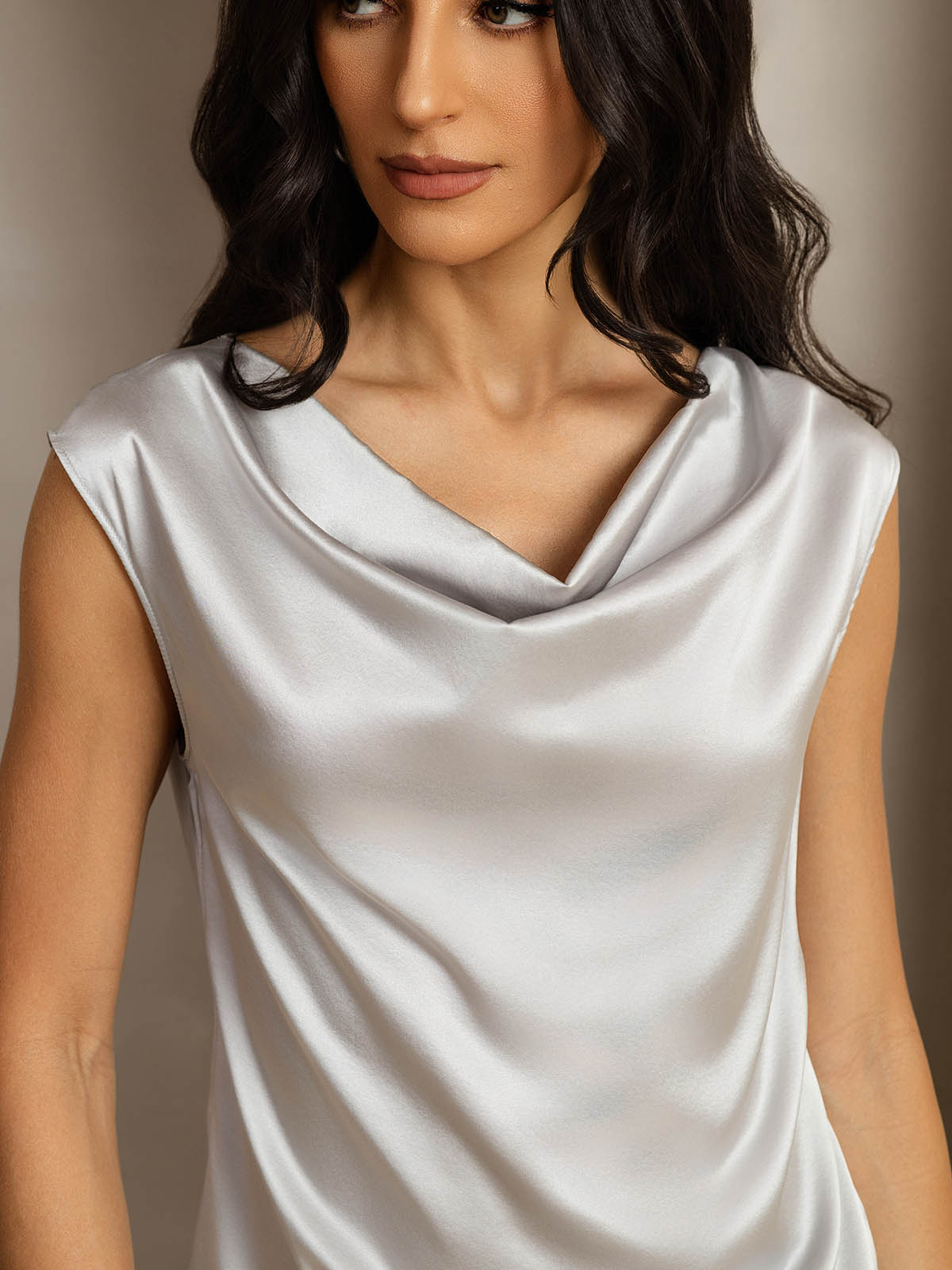 19Momme Silk Cowl Neck Cap Sleeve Blouse