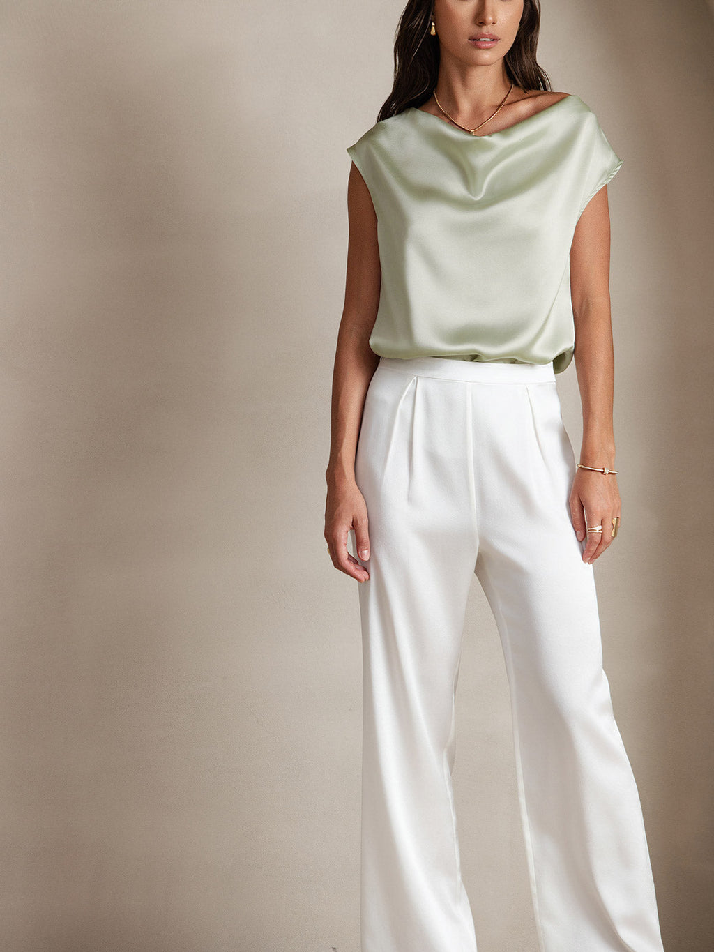 19Momme Silk Cowl Neck Cap Sleeve Blouse