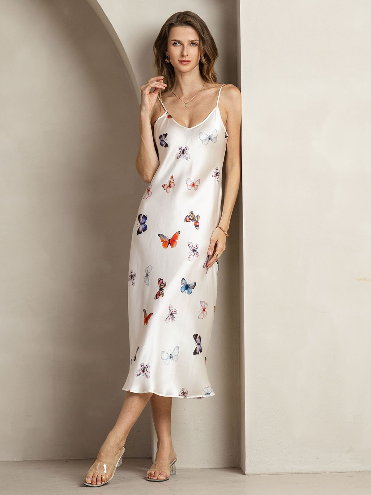 19Momme Silk V Neck Adjustable Strap Midi Dress