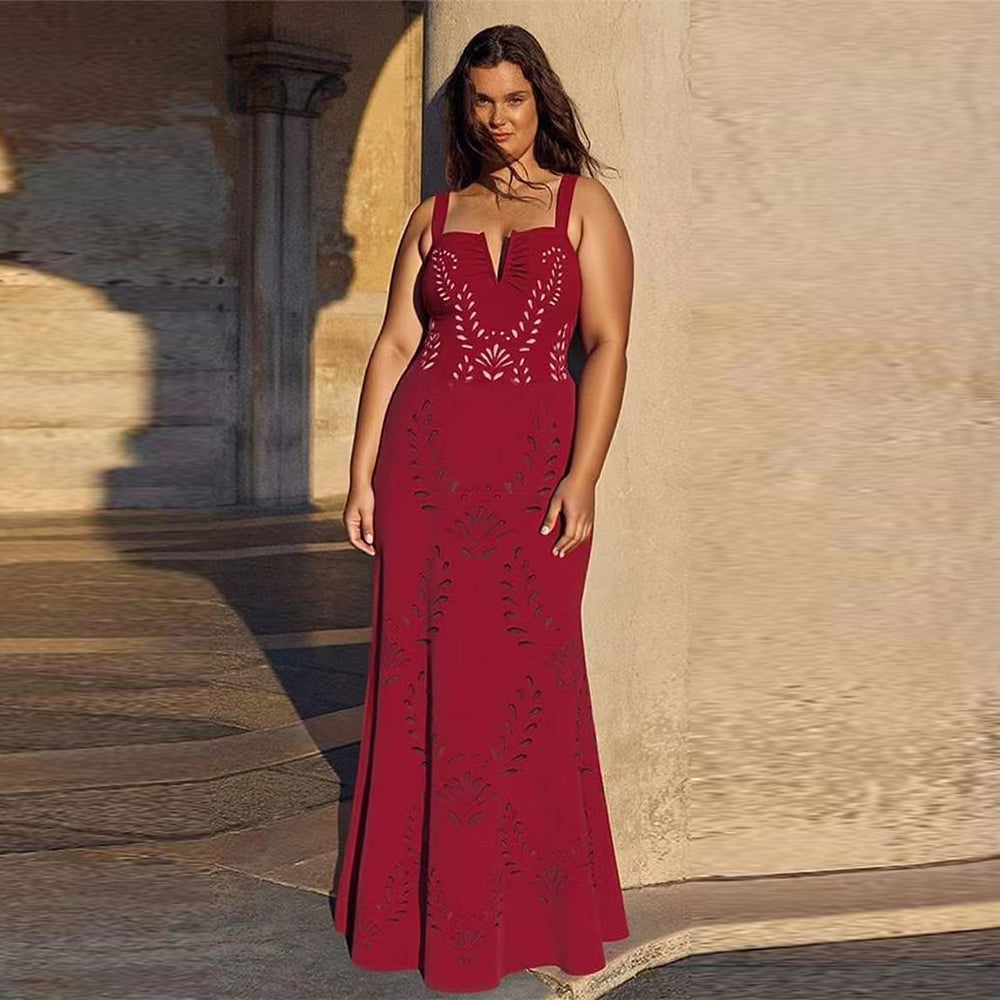 Red Petal Print Hollow One-Piece V Neck Swimsuit&Skirt