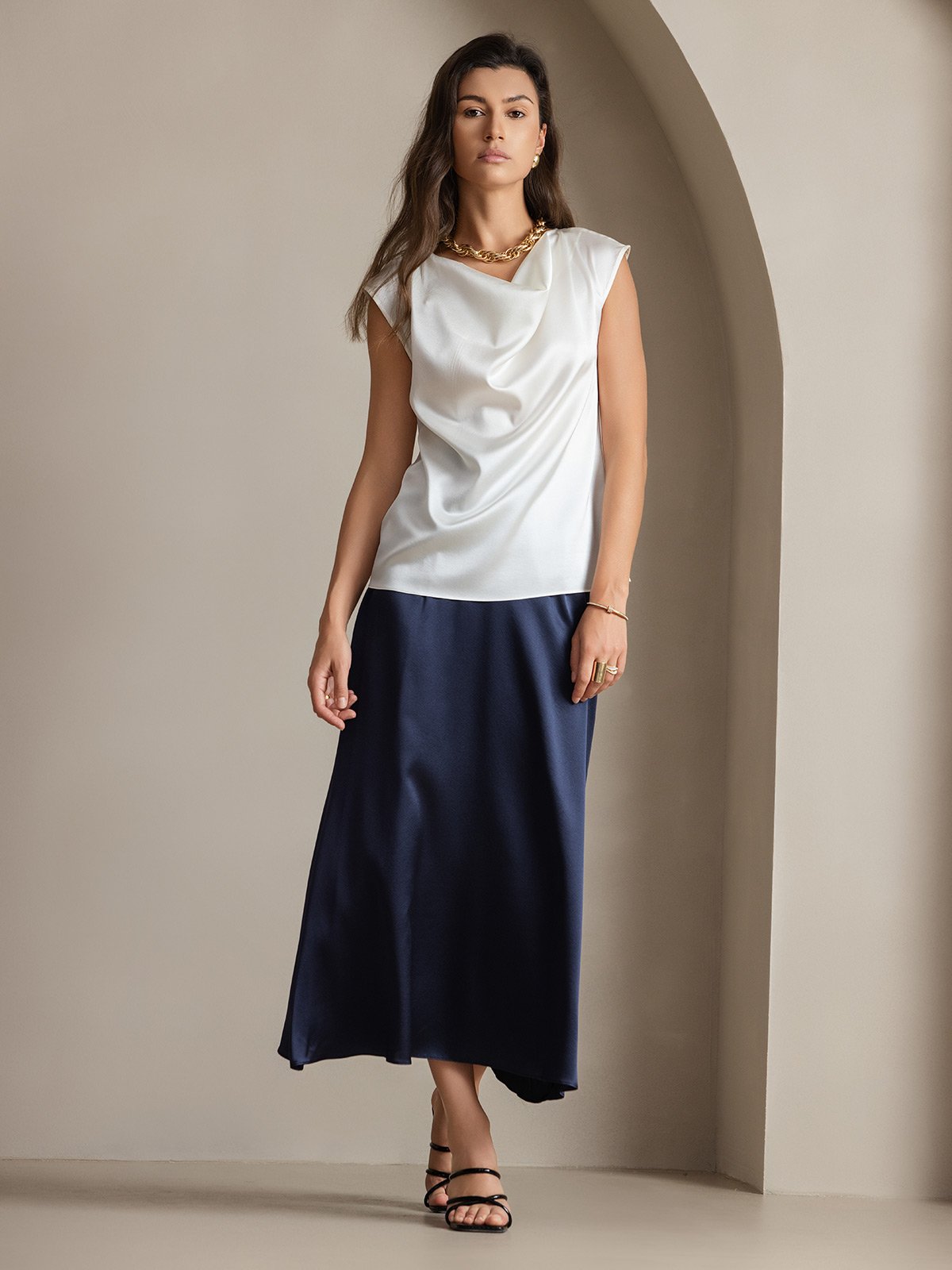 19Momme Silk Cap Sleeve Cowl Neck Tank Top/Blouse