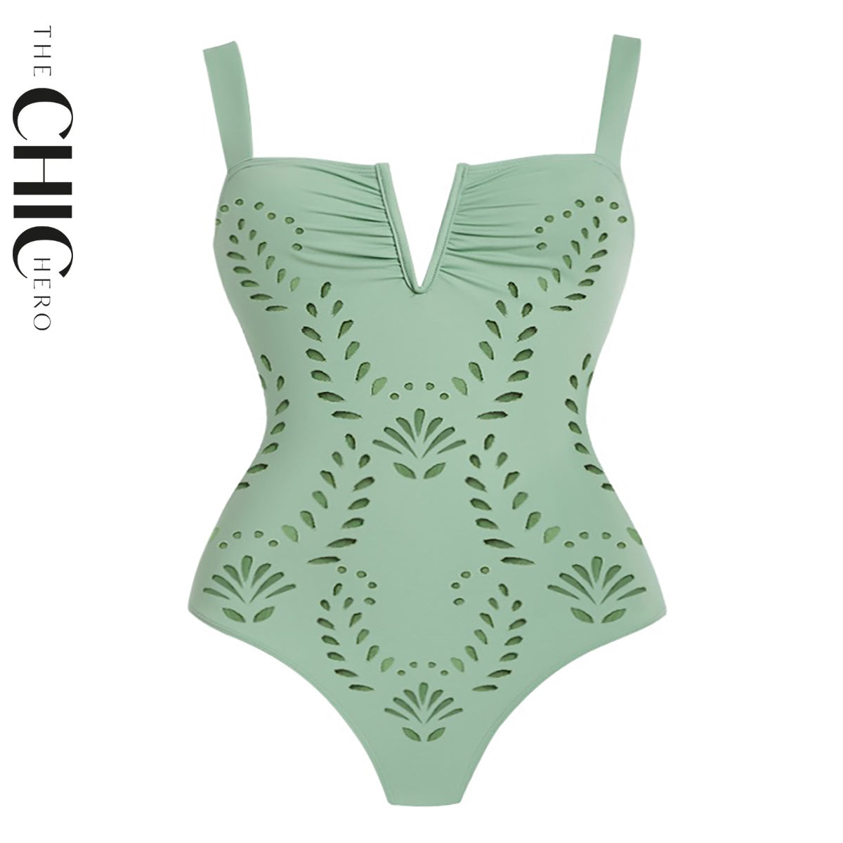 Mint Green Petal Print Hollow V Neck One-Piece Swimsuit&Skirt