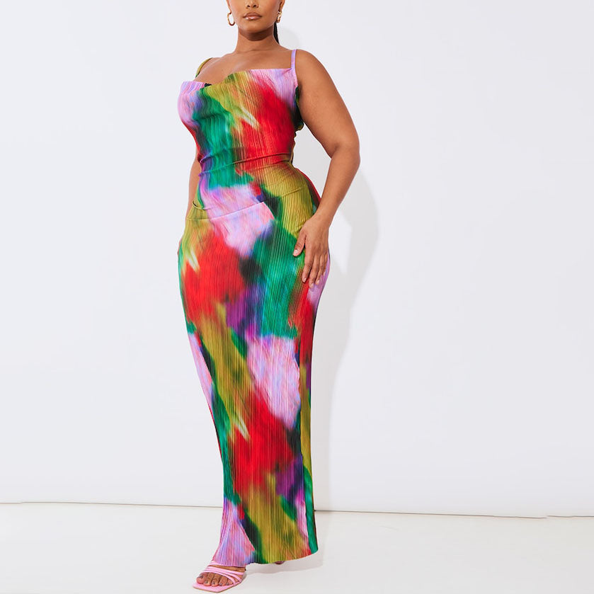 Plus Multi Printed Plisse Cowl Neck Maxi Dress
