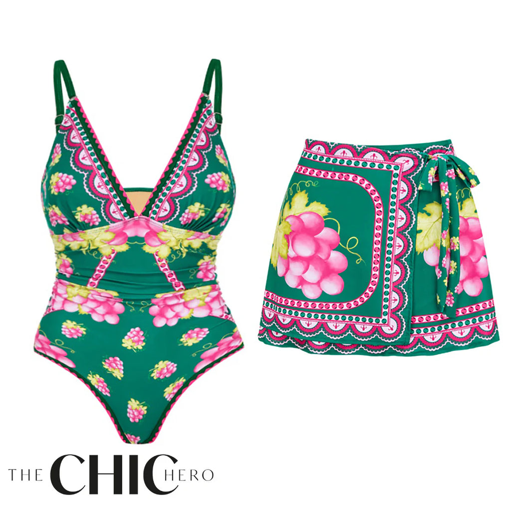 Green Grape Blossom Tropical Vineyard V-Neck Swimsuit & Mini Skirt