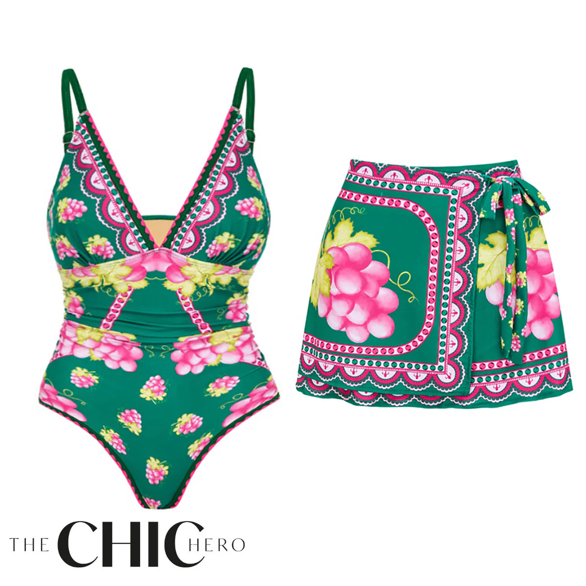 Green Grape Blossom Tropical Vineyard V-Neck Swimsuit & Mini Skirt