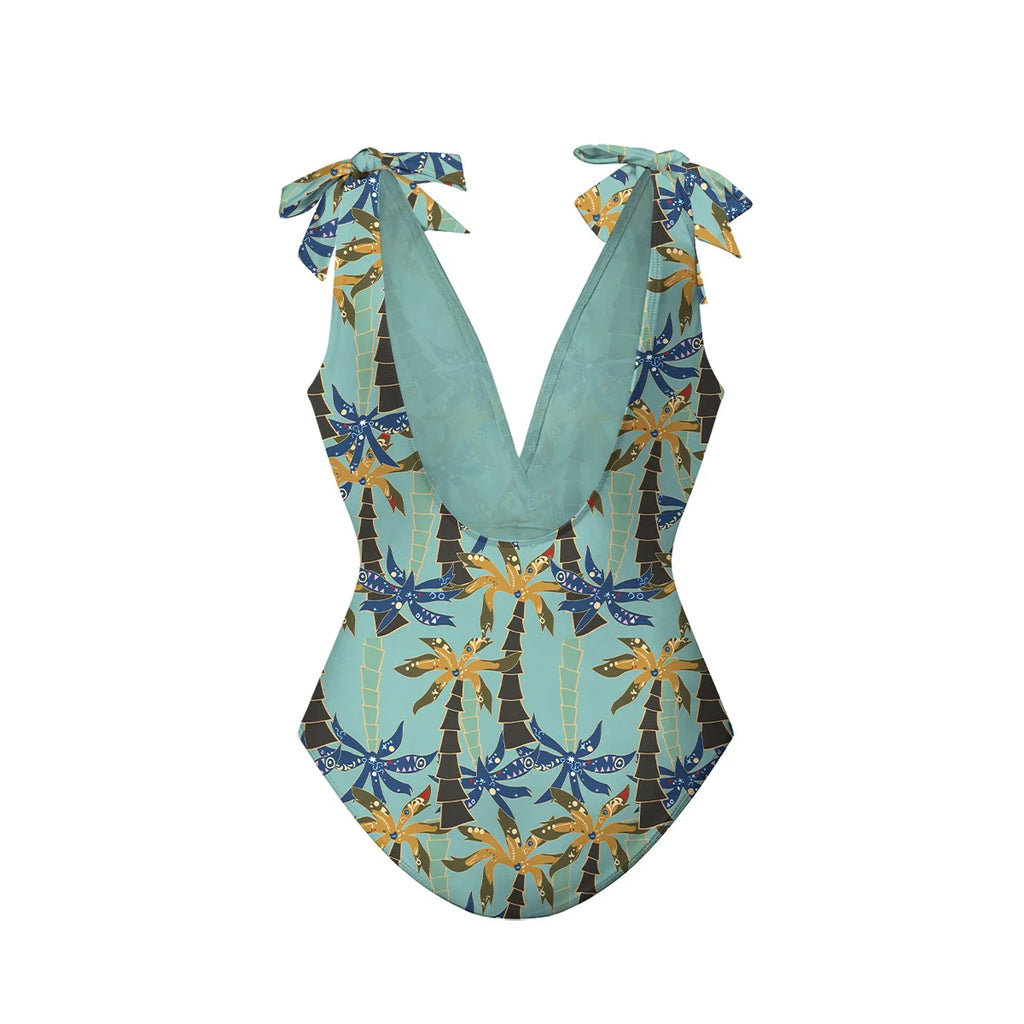 Green Palm Tree Prints One-Piece Swimsuit&Skirts