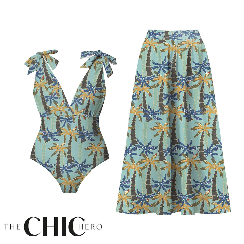 Green Palm Tree Prints One-Piece Swimsuit&Skirts