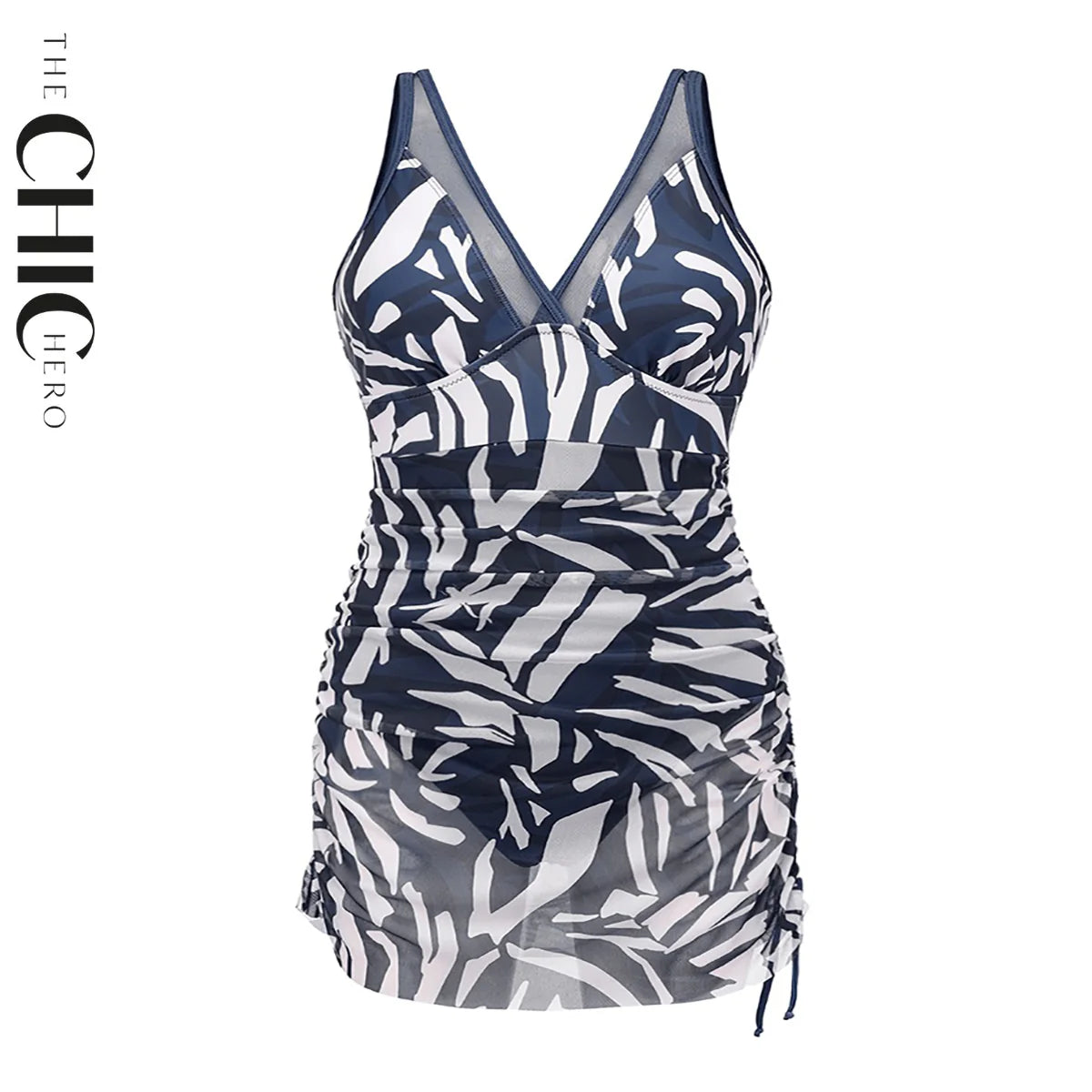 Blue Mesh Sheer Sarong Wraps V Neck One-Piece Swimsuit
