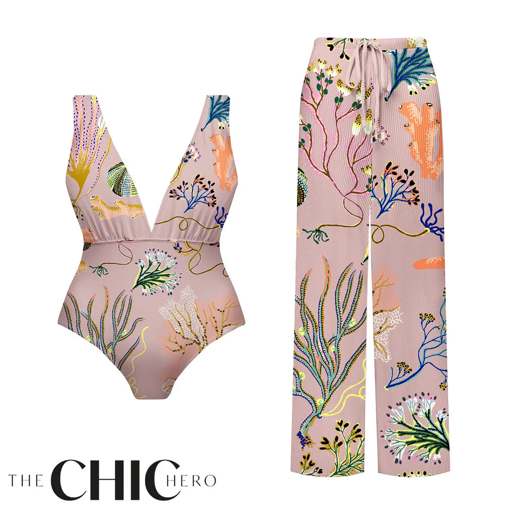 Sea-Inspired Tropical Reef Print One-Piece Swimsuit&Pants
