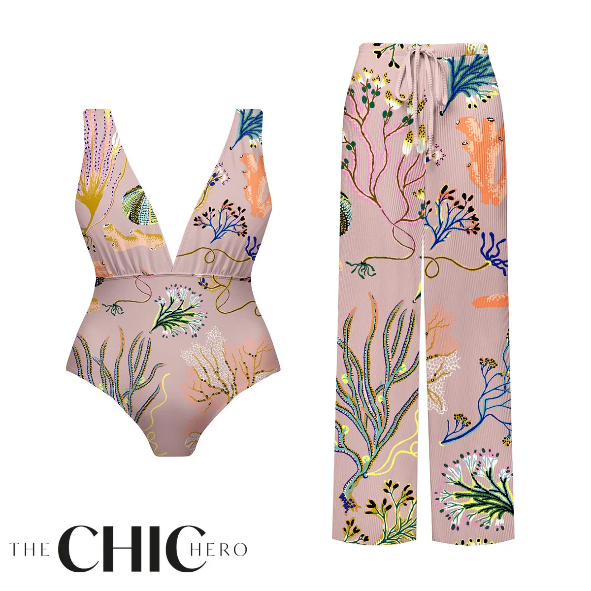 Sea-Inspired Tropical Reef Print One-Piece Swimsuit&Pants