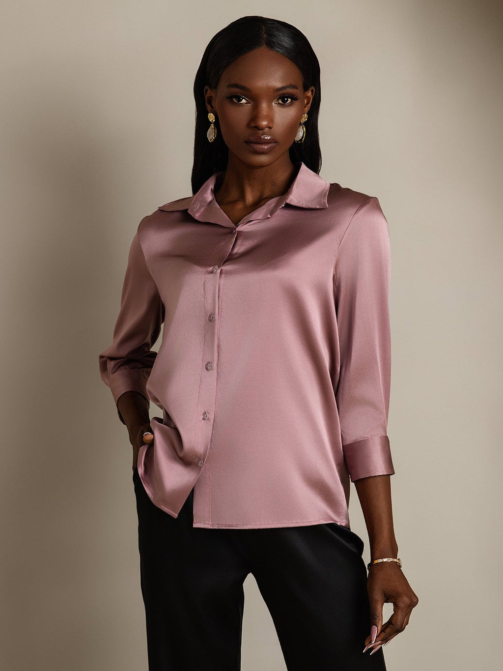 19Momme Silk 3/4 Sleeve Lapel Collar Women's Shirt with Button Up Design