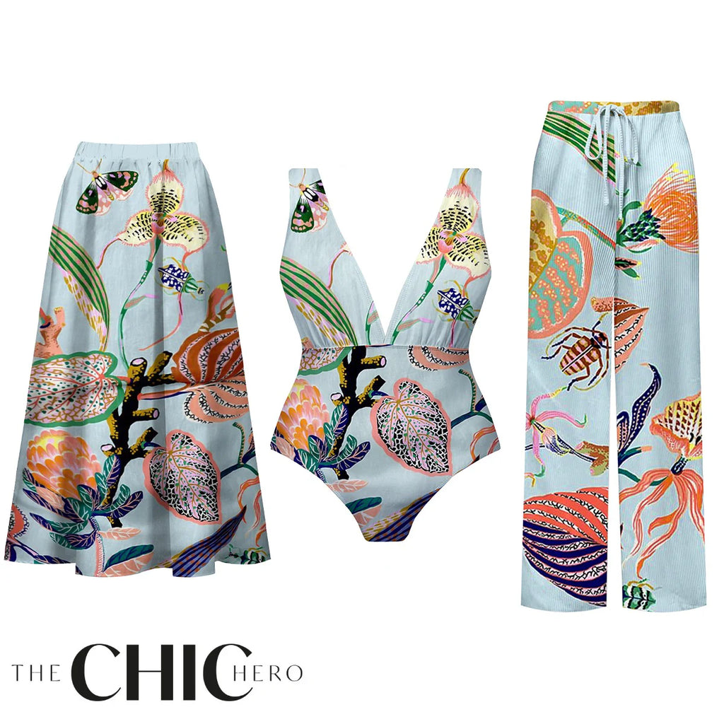 Tropical Bloom Print Butterfly One-Piece Swimsuit&Skirt&Pants