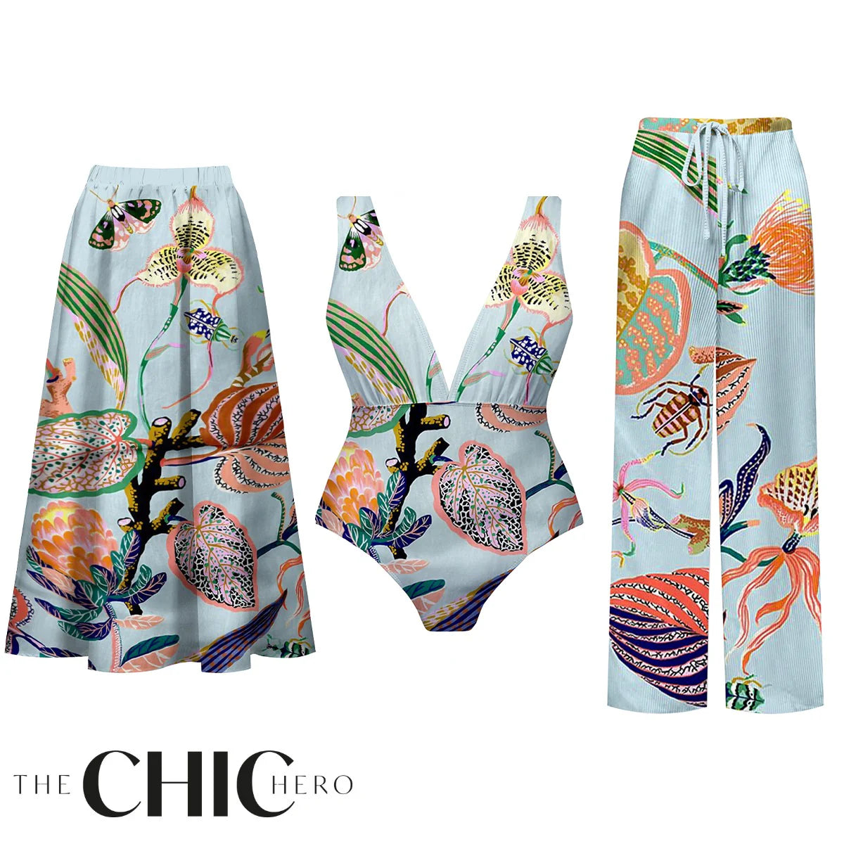 Tropical Bloom Print Butterfly One-Piece Swimsuit&Skirt&Pants