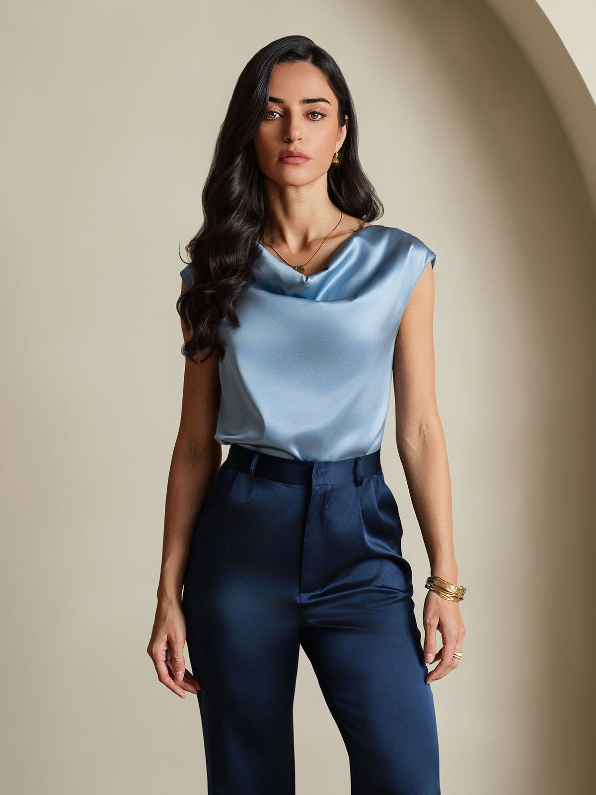 19Momme Silk Cowl Neck Cap Sleeve Blouse