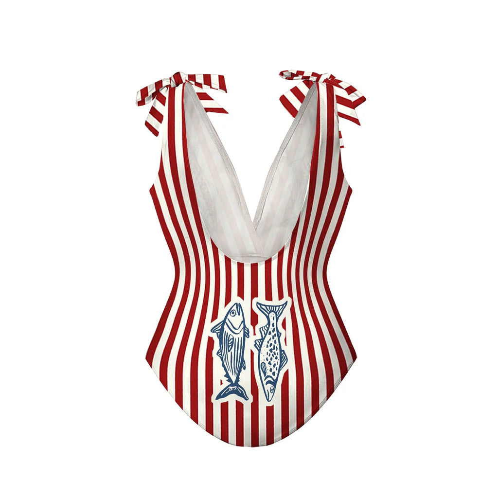 Vintage Nautical Fish Print & Striped One-Piece Swimsuit&Skirt