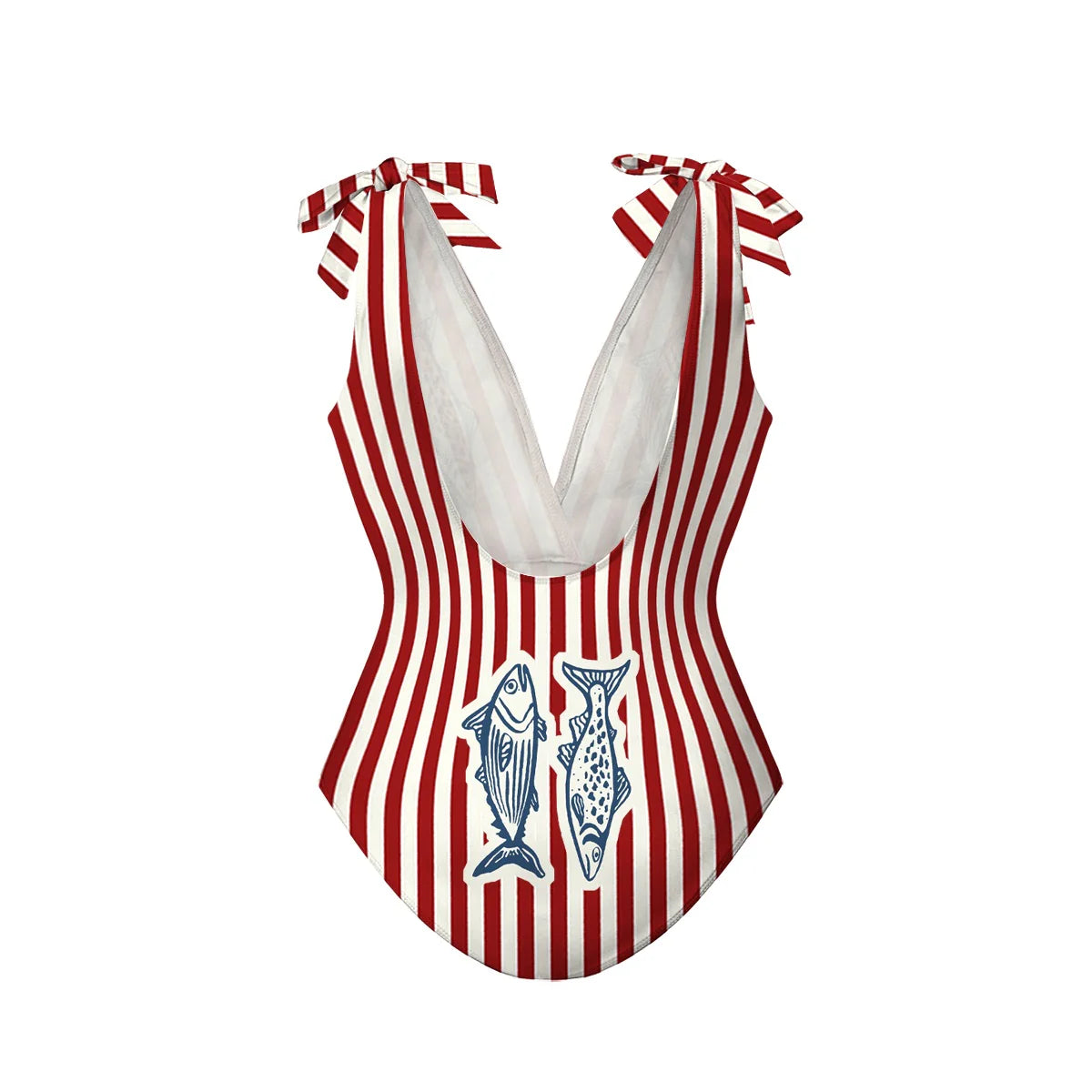 Vintage Nautical Fish Print & Striped One-Piece Swimsuit&Skirt