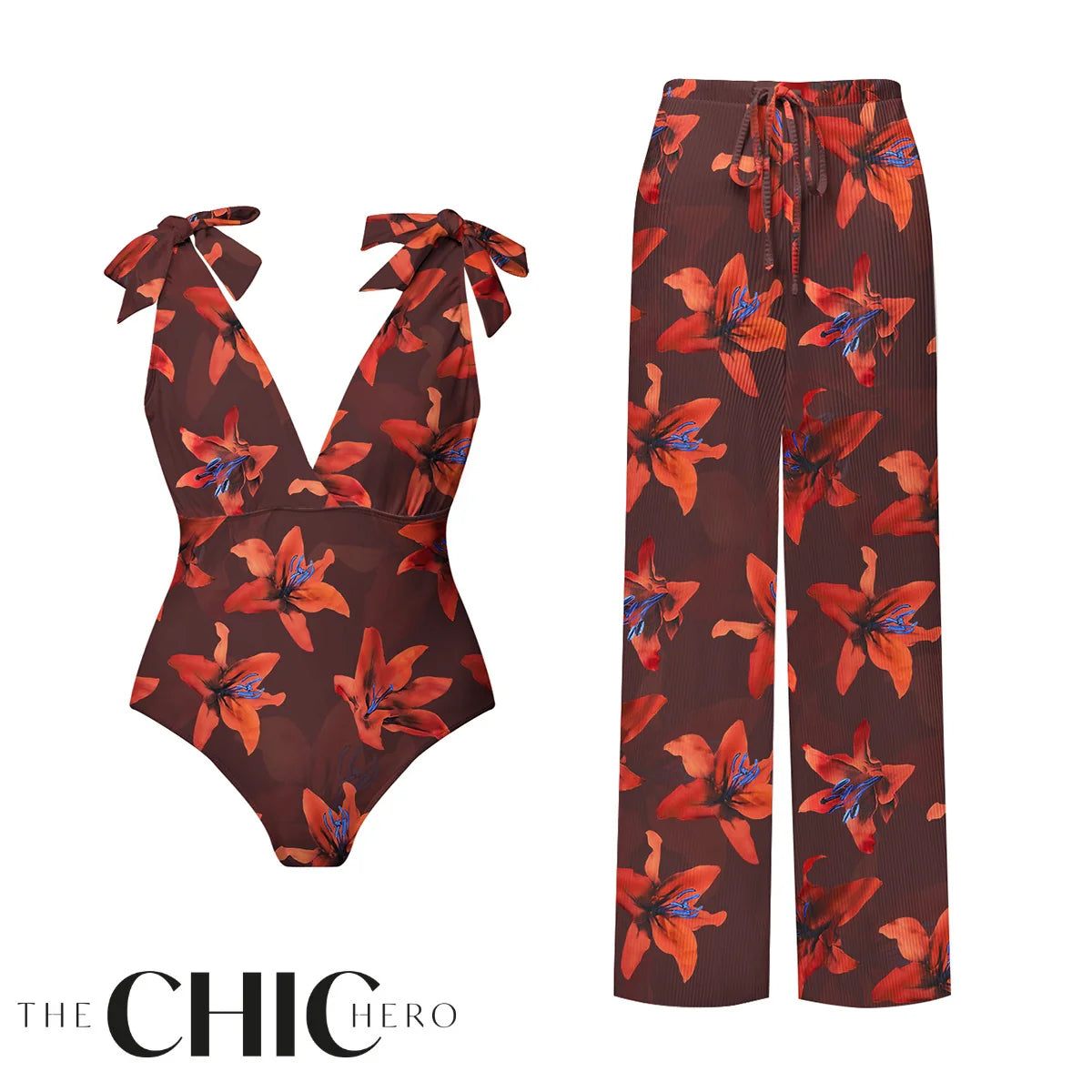 Red Lily Floral Patterns One-Piece Swimsuit&Pants