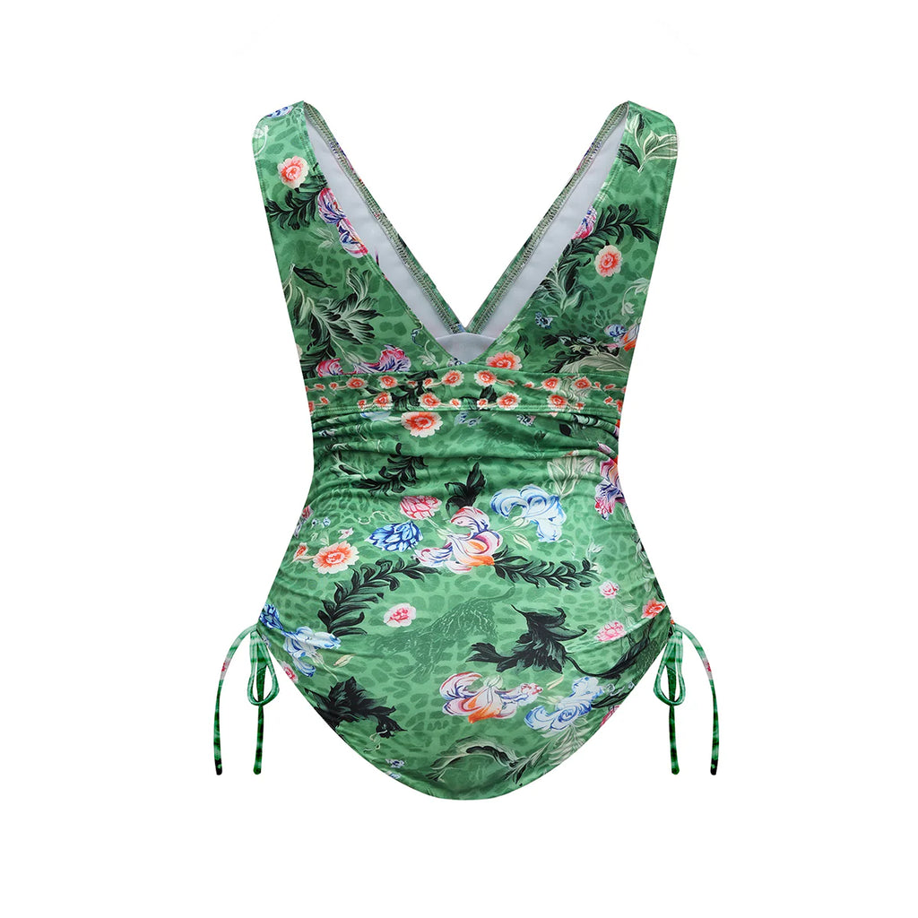 Green Tropical Florals One-Piece Swimsuit&Skirt