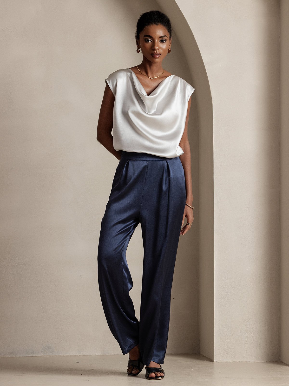 19Momme Silk Cap Sleeve Cowl Neck Tank Top/Blouse