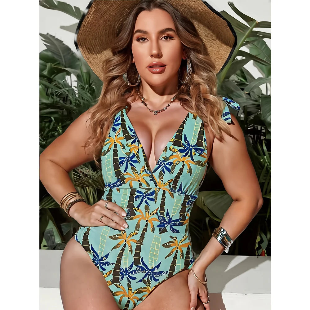 Green Palm Tree Prints One-Piece Swimsuit&Skirts