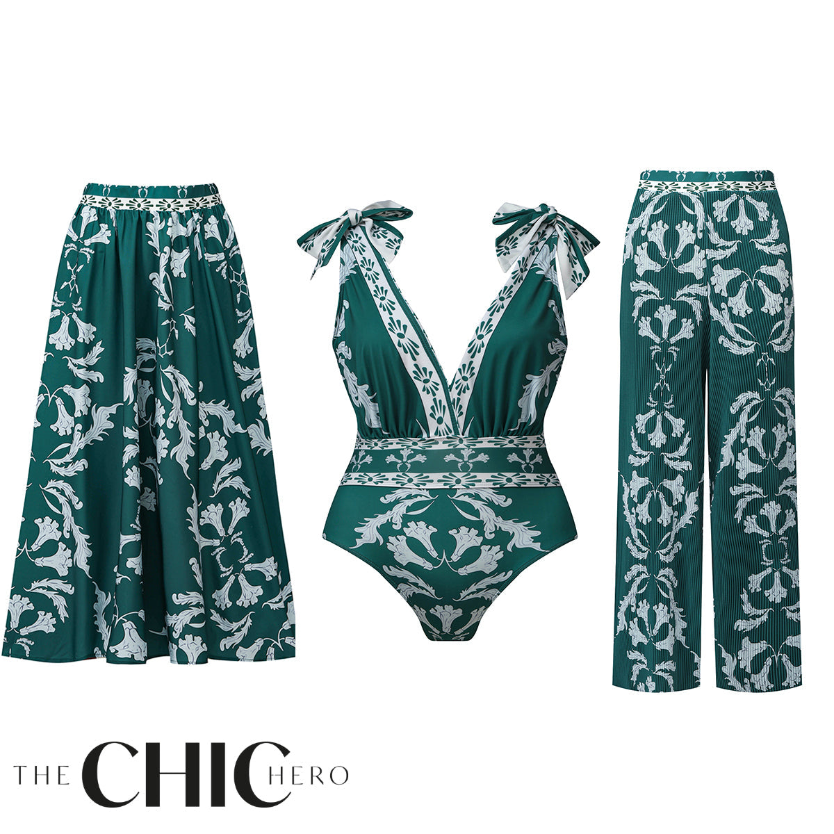 Green Flowy Floral Tie-shoulder Swimsuit&Skirt&Pants