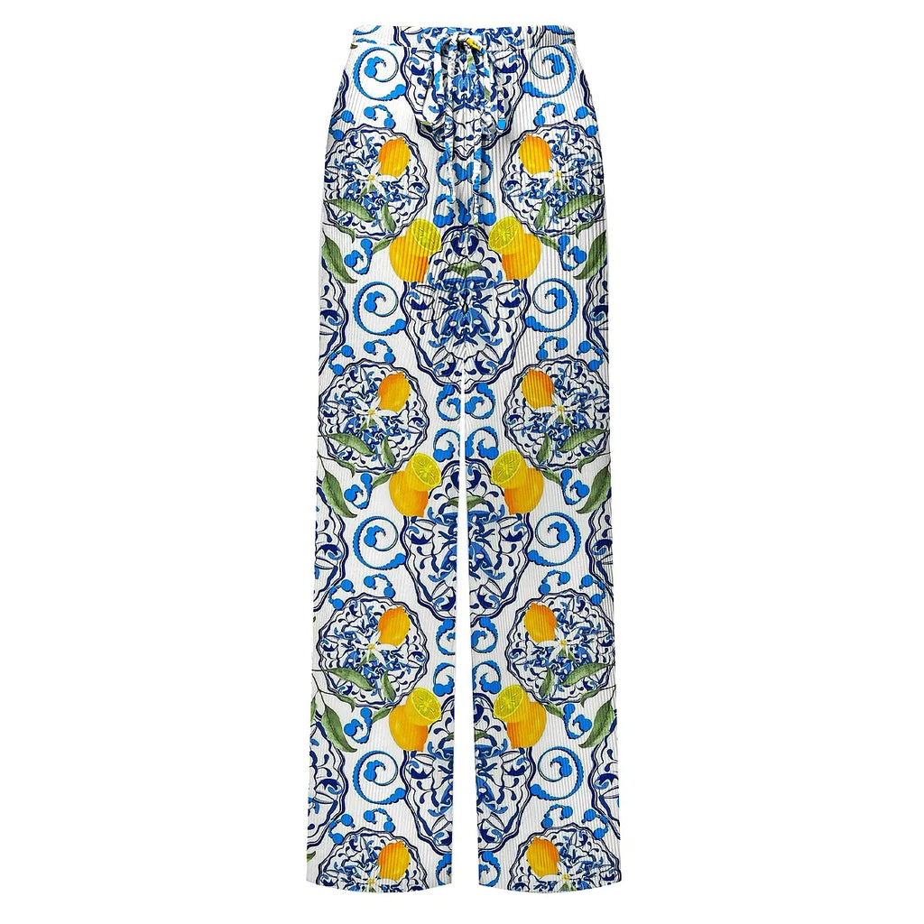 Lemon Motifs Blue Scrollwork Ornate Print One-Piece Swimsuit&Pants