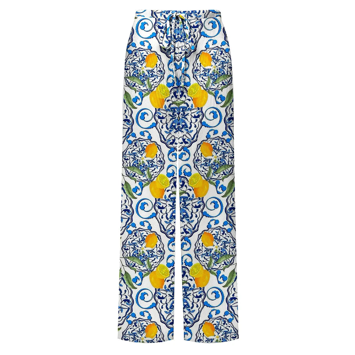Lemon Motifs Blue Scrollwork Ornate Print One-Piece Swimsuit&Pants