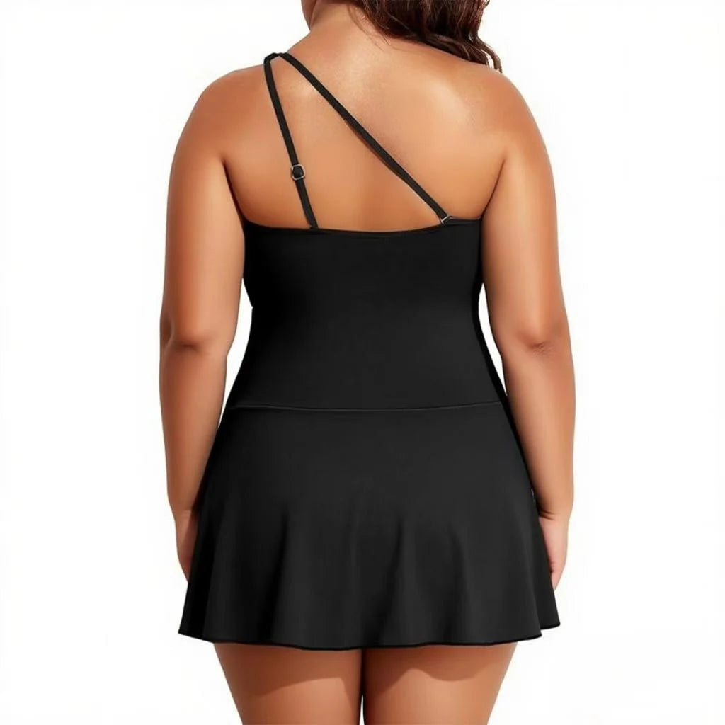 Black One Shoulder One-Piece Tummy Control Swimsuit with Skirt