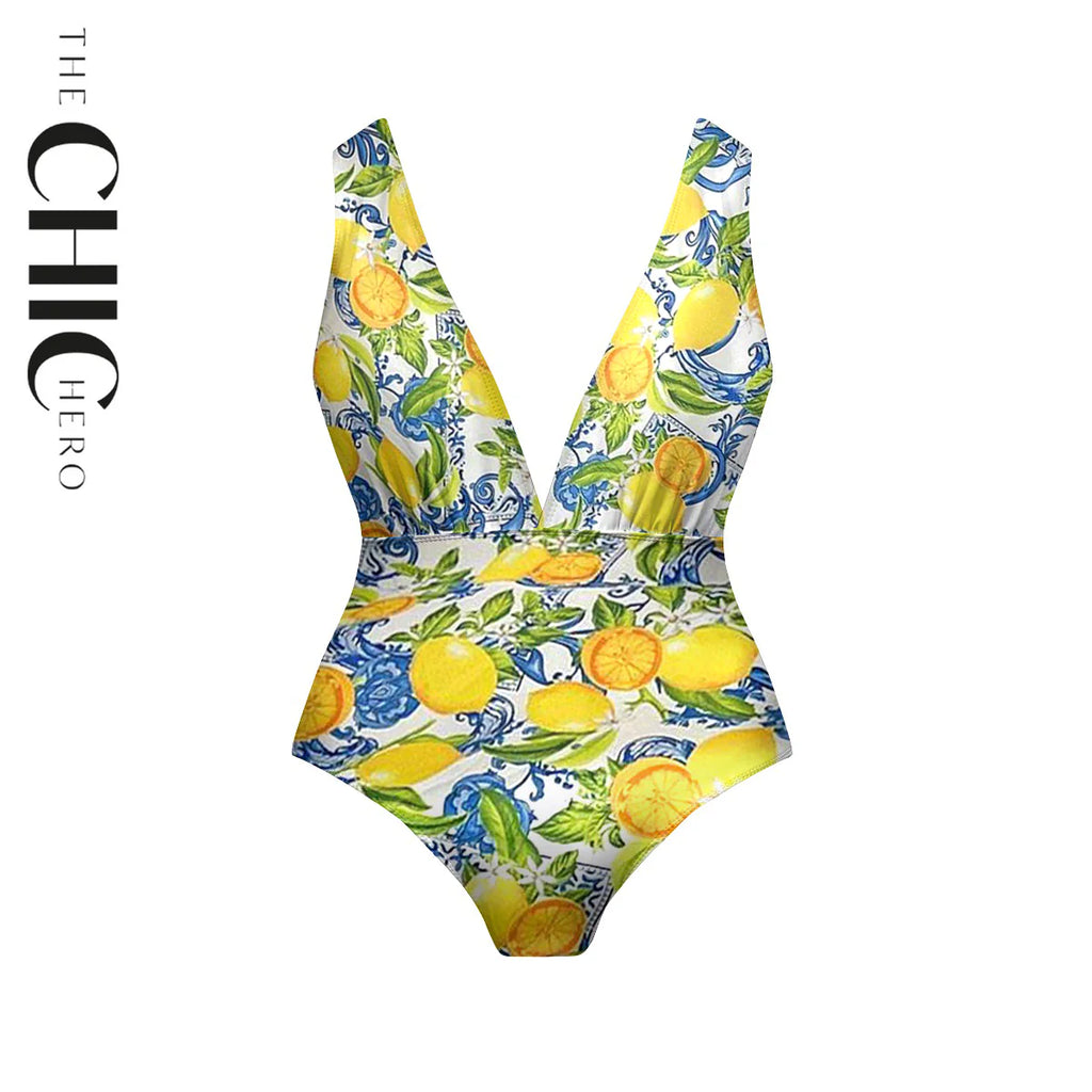 Summer Lemon Citrus Print 3-Piece Set Swimsuit&Skirts