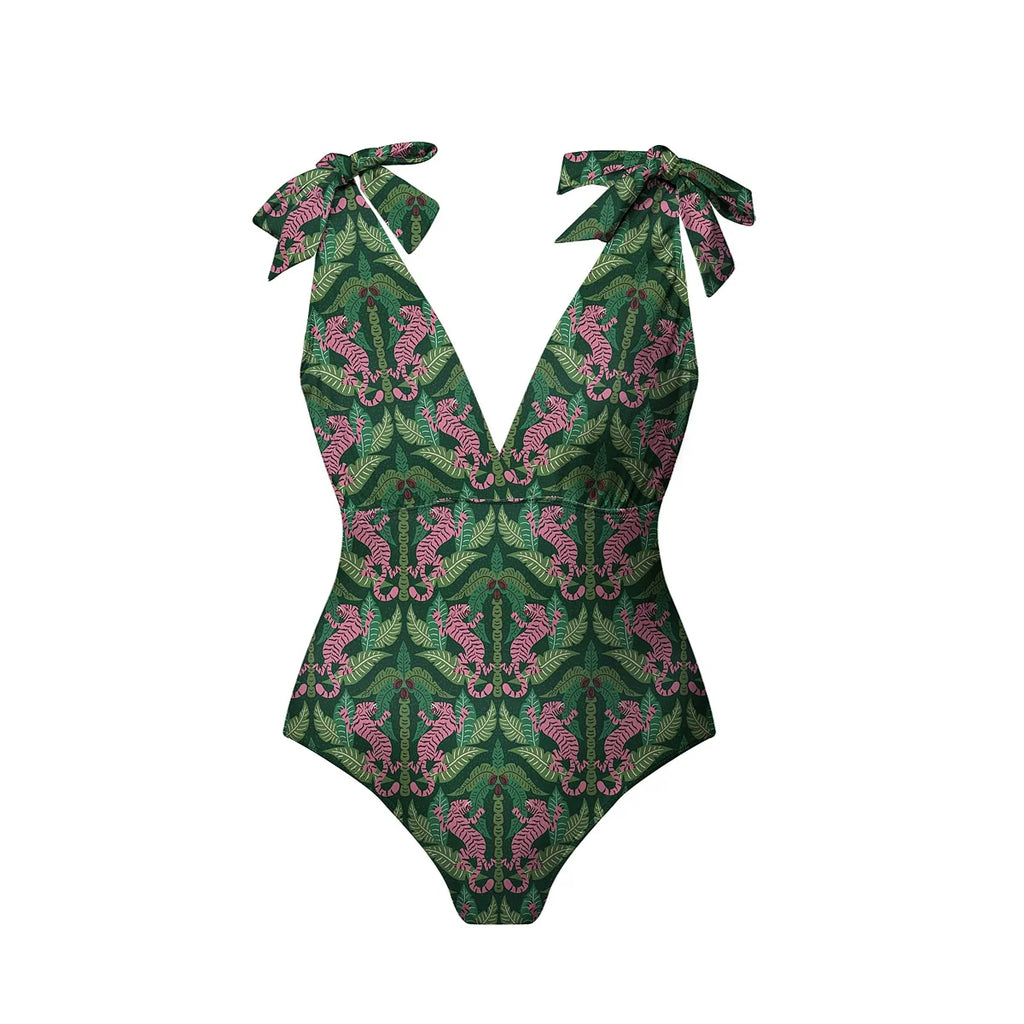 Dark Green Jungle Tiger Leaf Print One-Piece Swimsuit&Pants