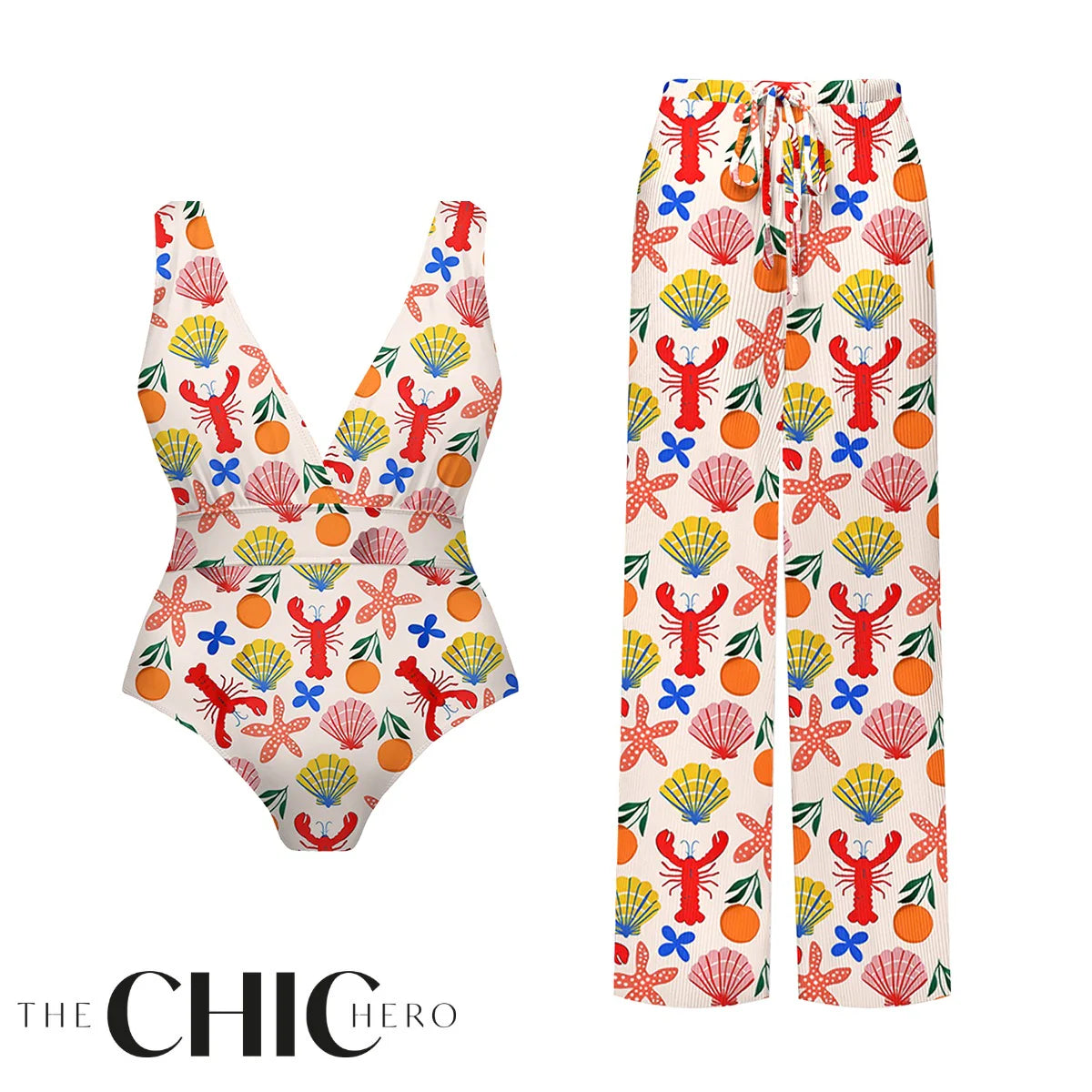 Tropical Seafood Lobster & Shell Pattern One-Piece Swimsuit&Pants