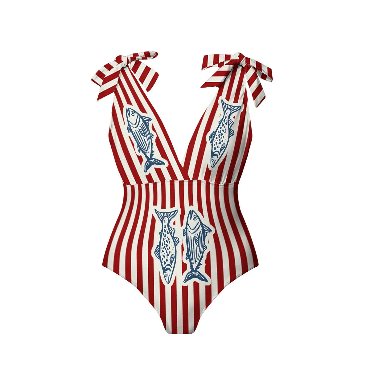 Vintage Nautical Fish Print & Striped One-Piece Swimsuit&Skirt