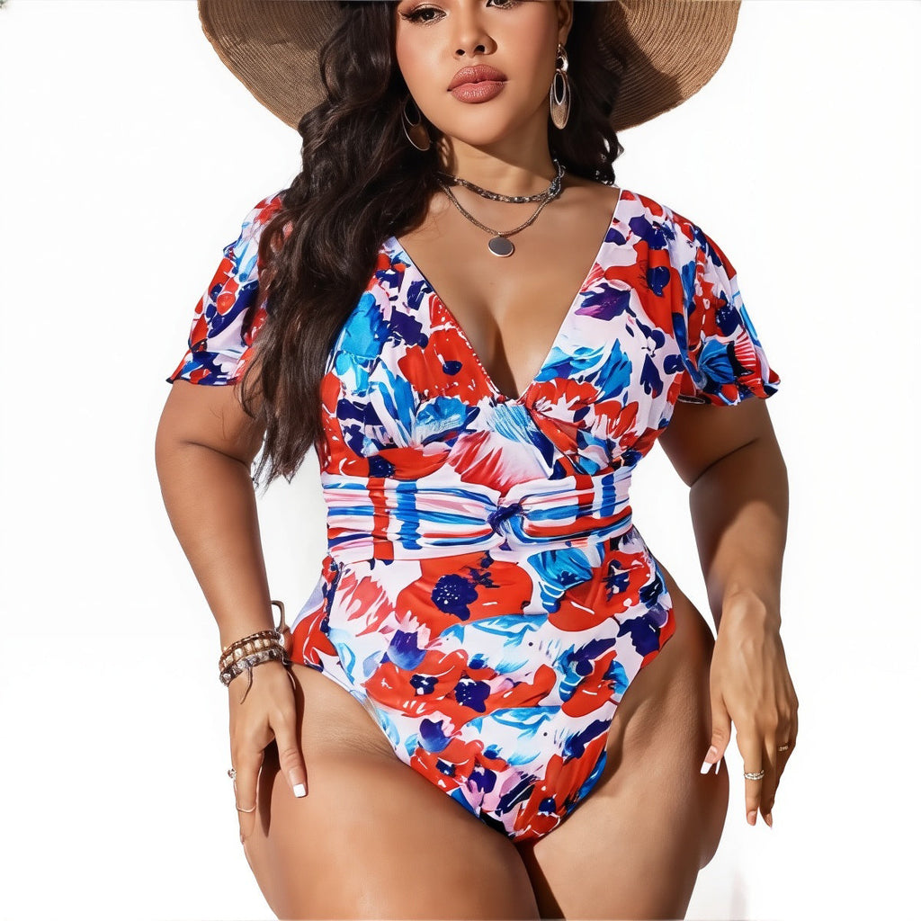 Colorful Floral Puff Sleeves One-Piece Swimsuit&Skirt