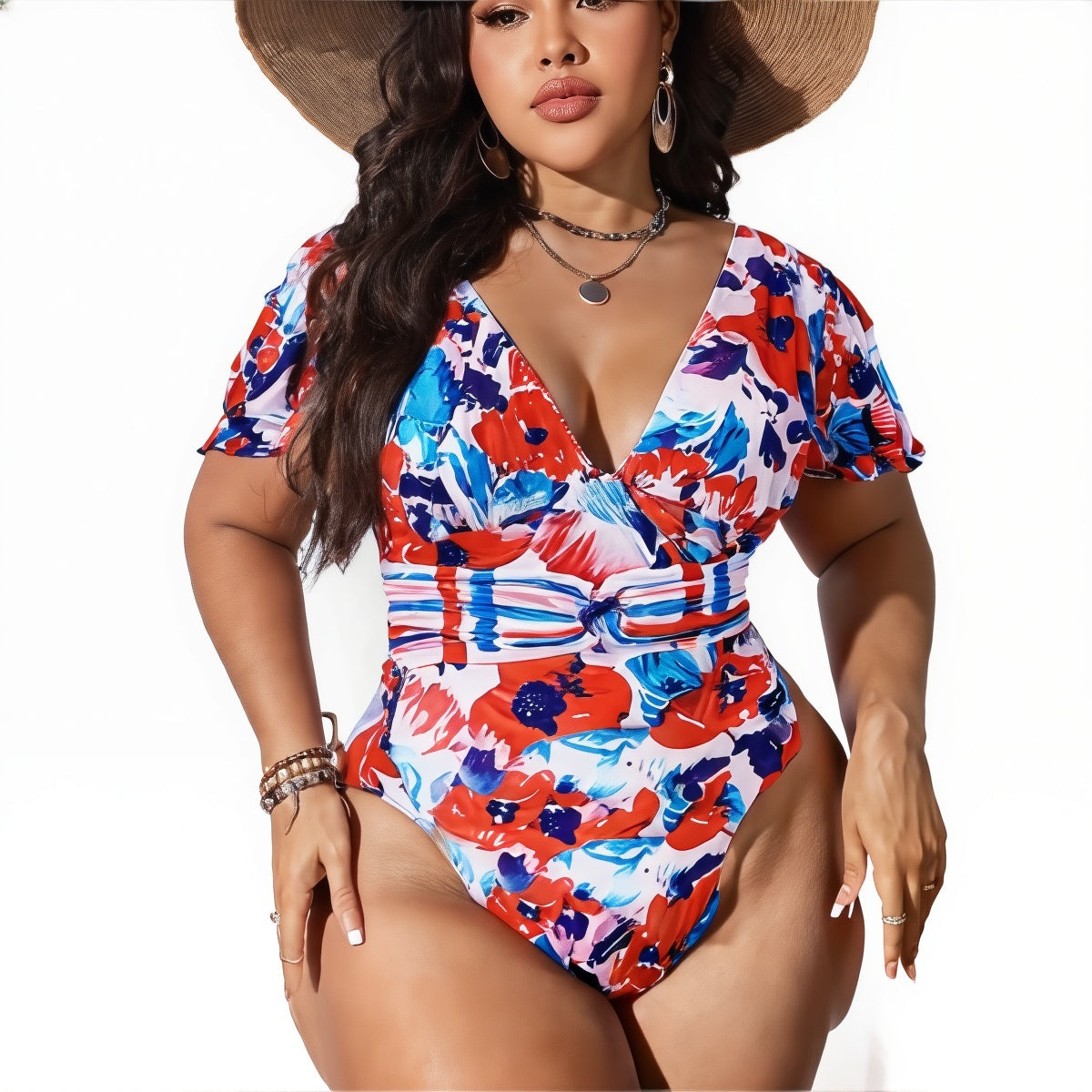 Colorful Floral Puff Sleeves One-Piece Swimsuit&Skirt