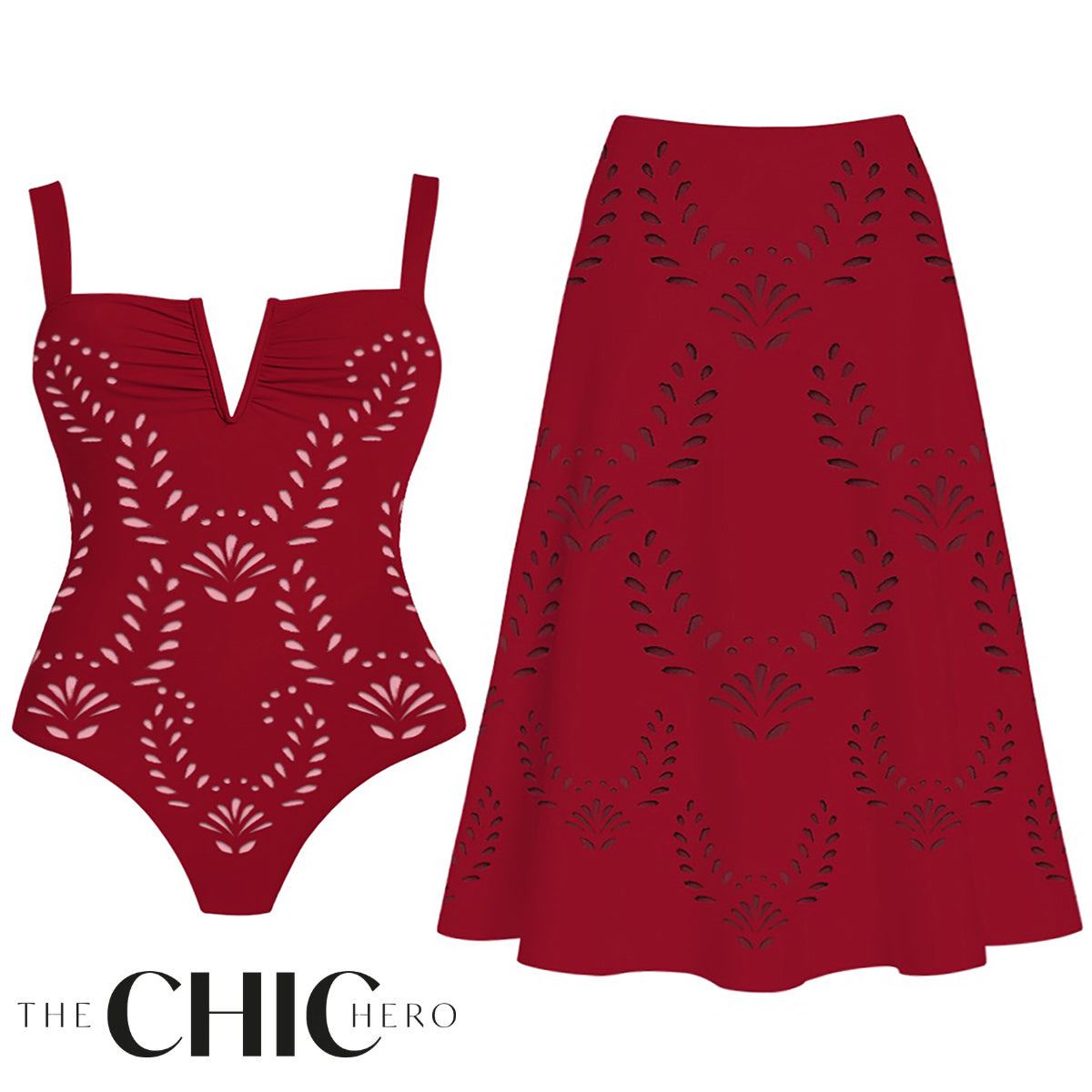 Red Petal Print Hollow One-Piece V Neck Swimsuit&Skirt