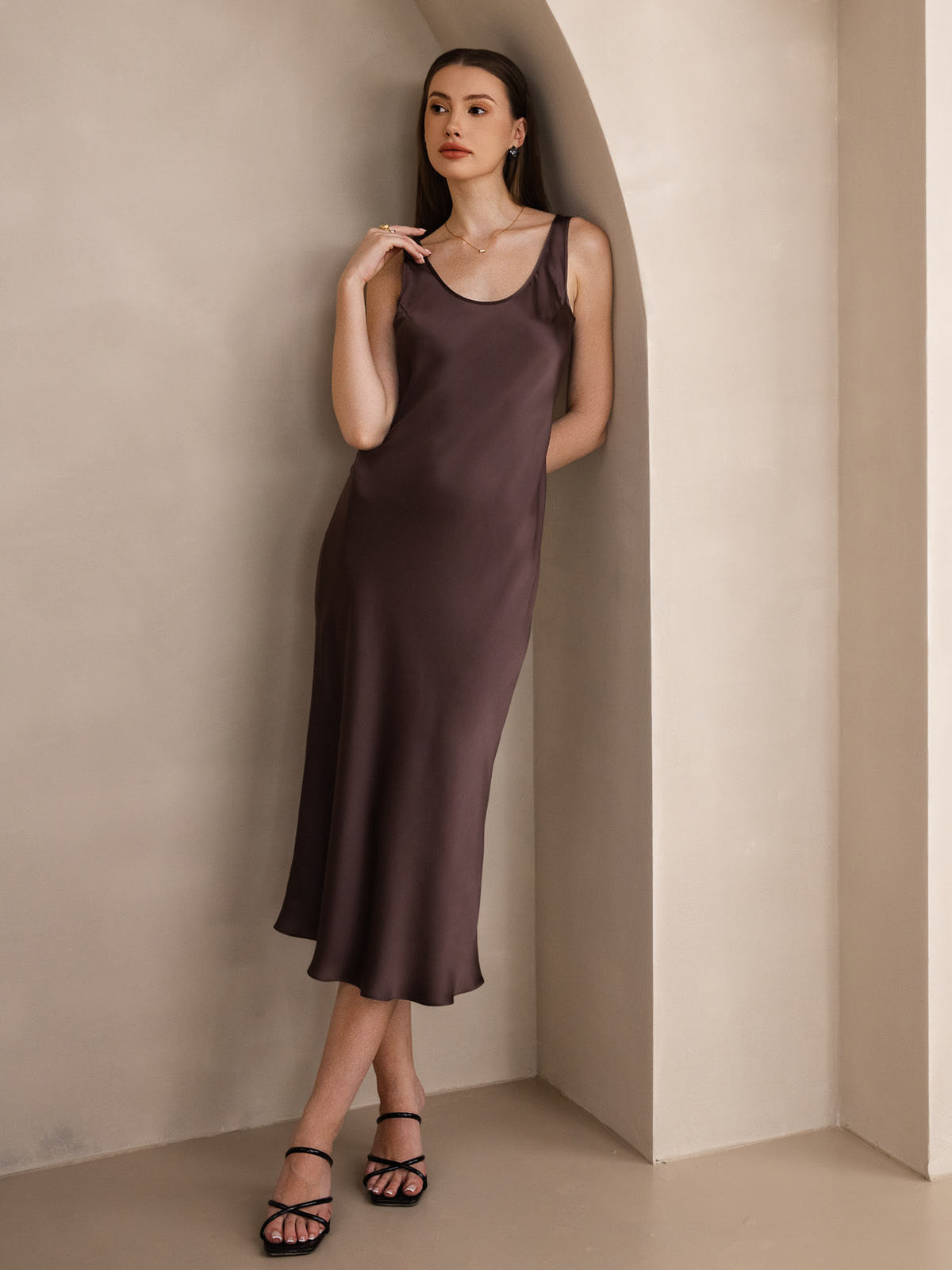 Pure Silk Wide Strap Sleeveless Long Dress