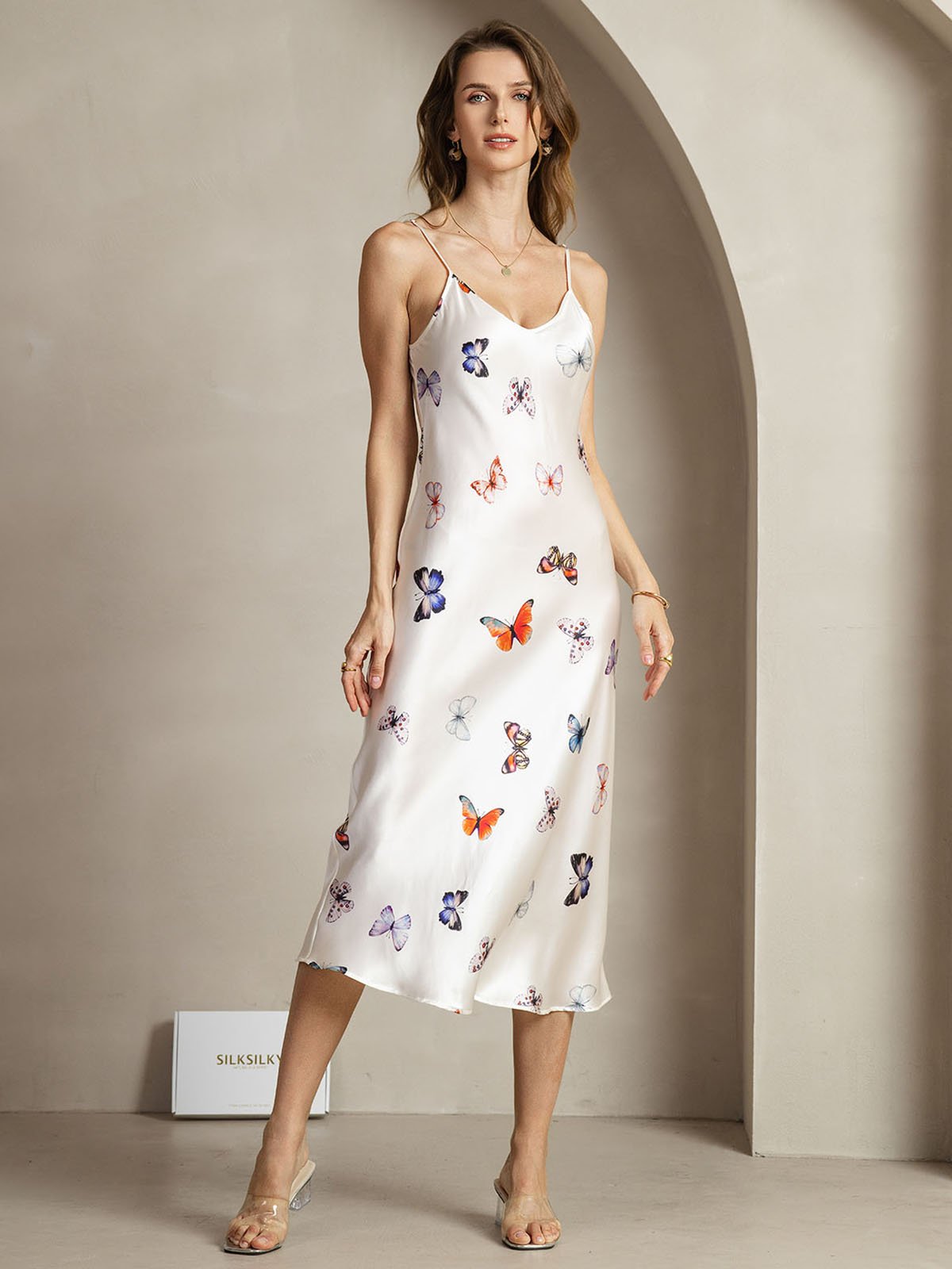 19Momme Silk V Neck Adjustable Strap Midi Dress