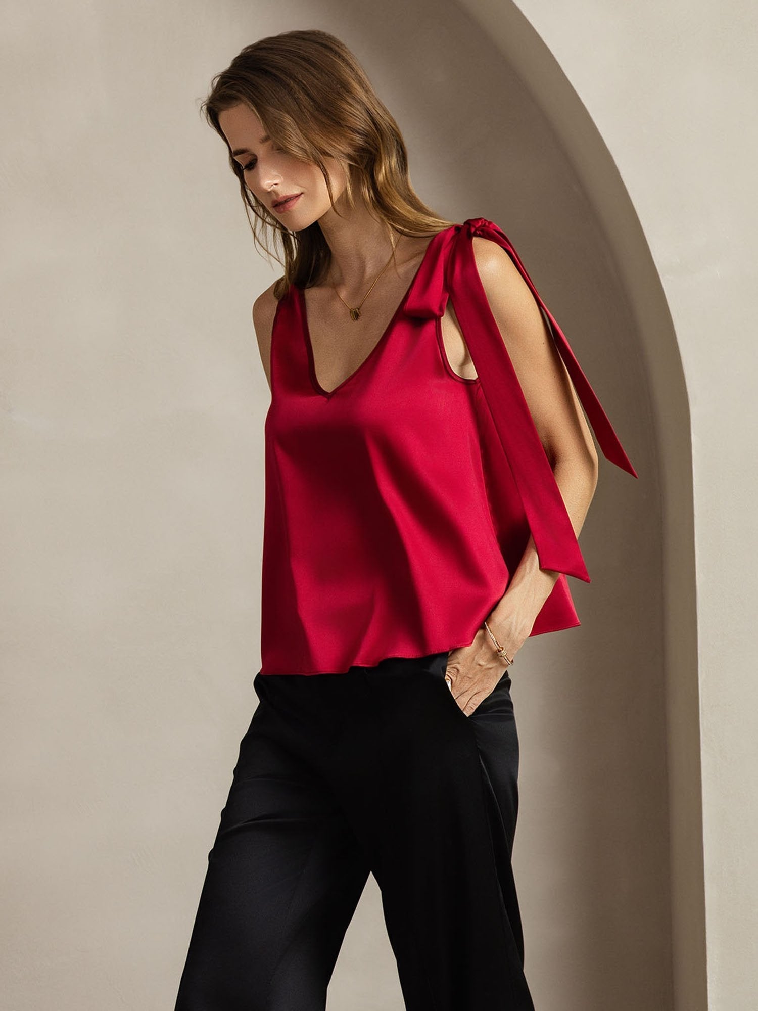 19Momme Silk Bow-Tie V-Neck Tank Top