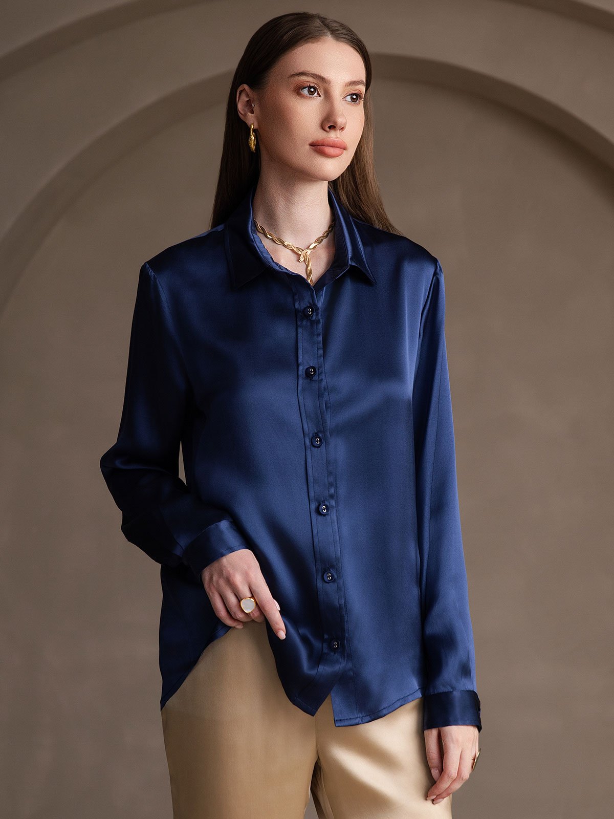 19Momme Silk Long Sleeve Lapel Collar Women's Shirt
